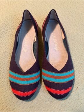 Rothy's Navy Ribbon Merino Flats with Turquoise and Red Stripe Accents in 10.5